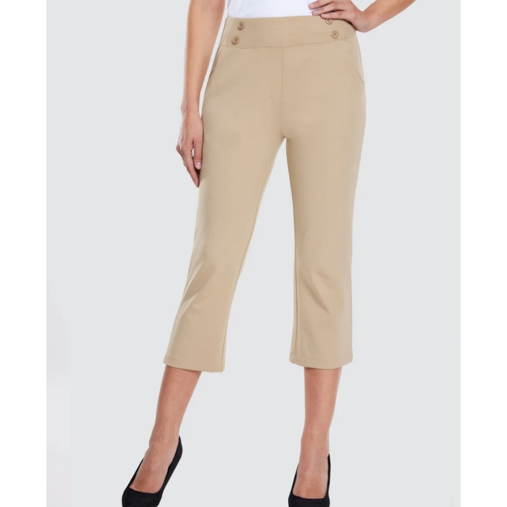 Willit Tan Button Detail Pull On High Rise Pin Up Capri Pants Size Large